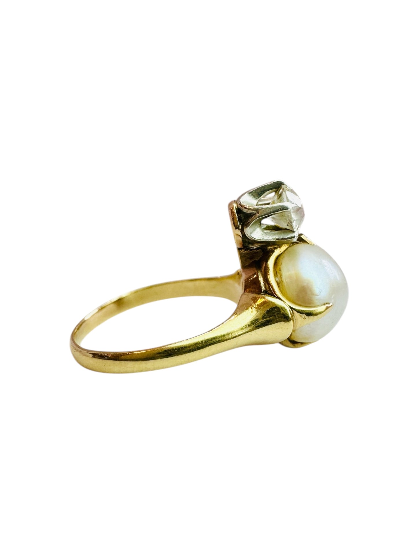 Antique Button Pearl and Old Euro Diamond Tiara Ring