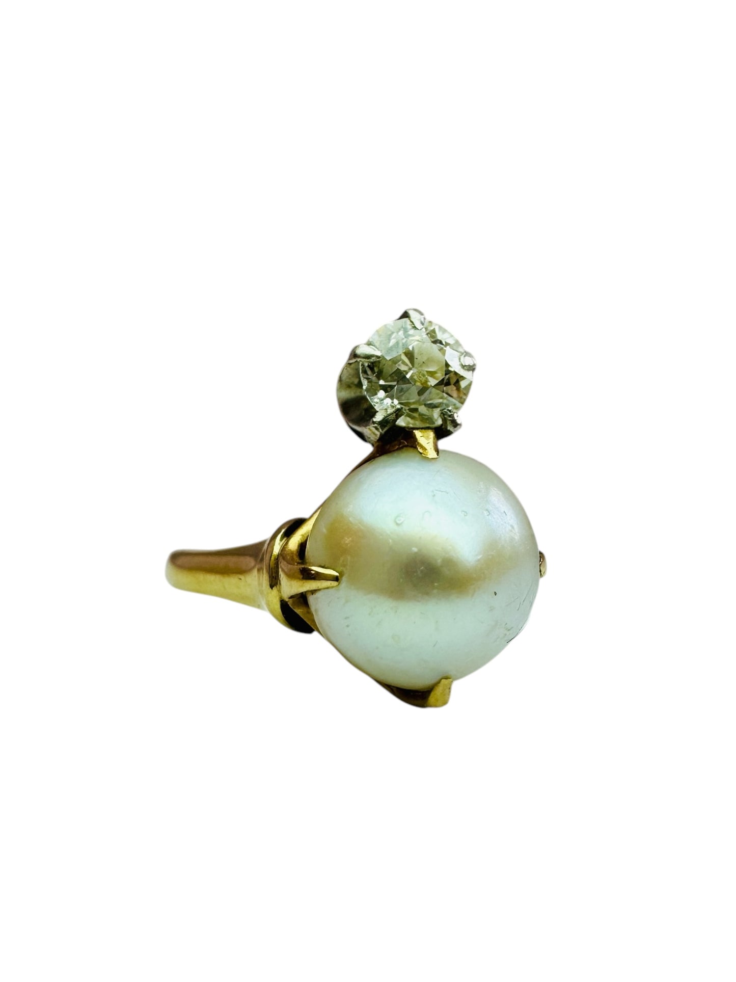 Antique Button Pearl and Old Euro Diamond Tiara Ring