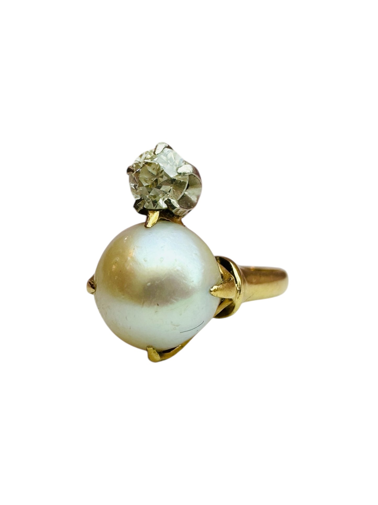Antique Button Pearl and Old Euro Diamond Tiara Ring