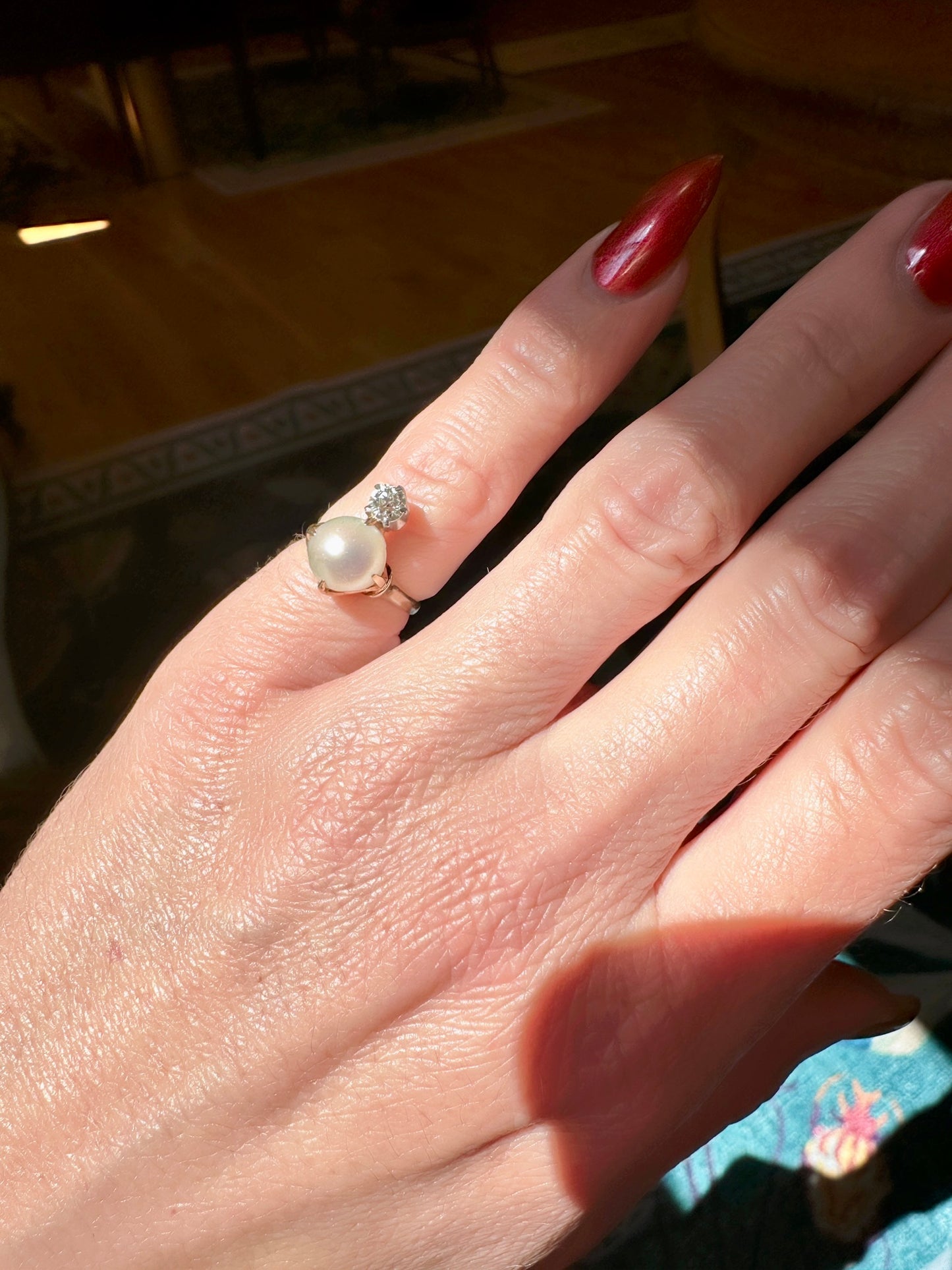 Antique Button Pearl and Old Euro Diamond Tiara Ring