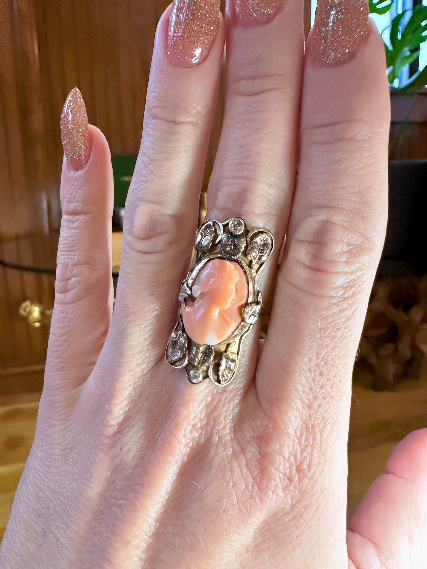 Vintage Coral Cameo Signet Style Ring