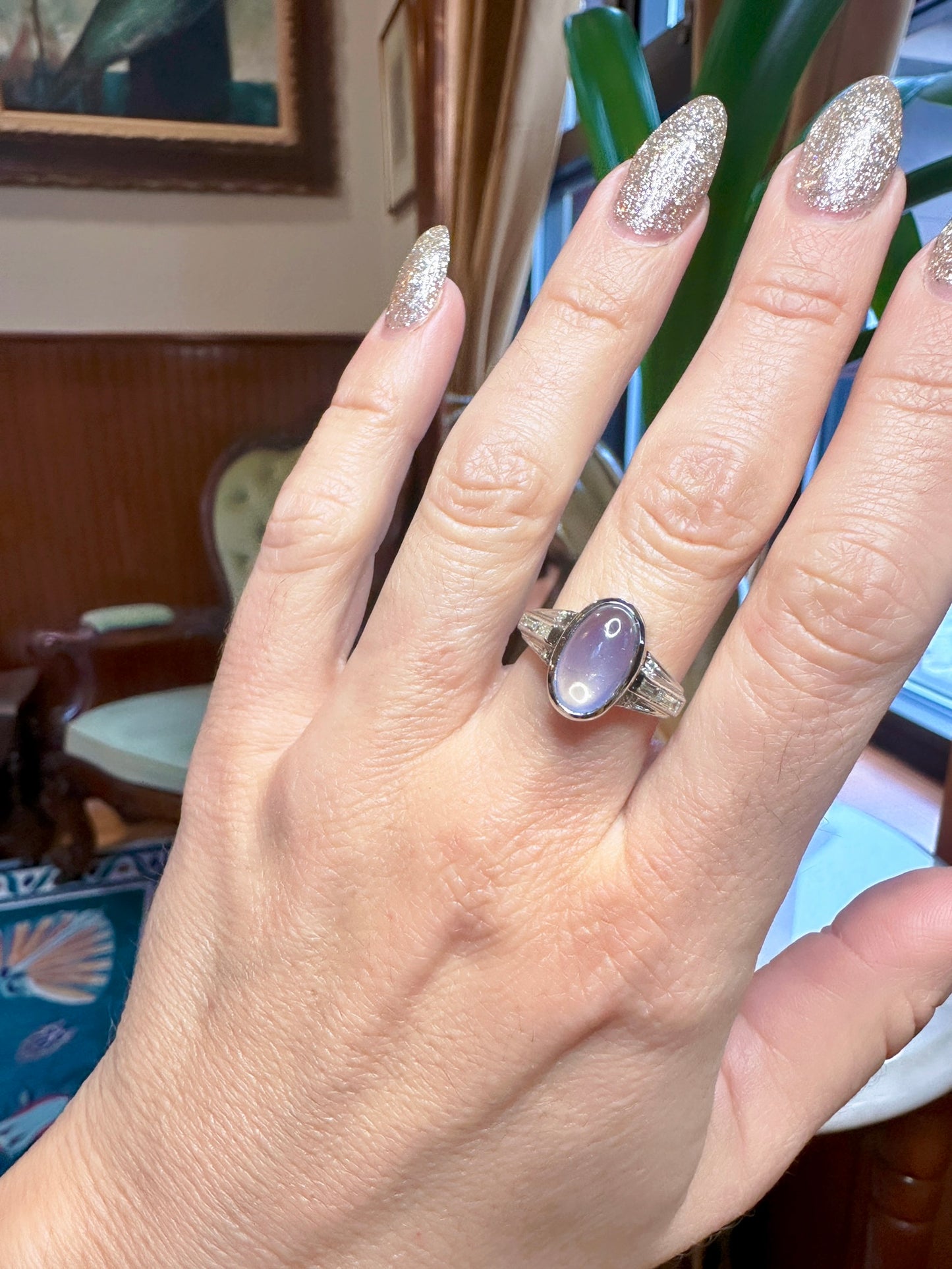 Moonstone and Diamond Platinum Ring