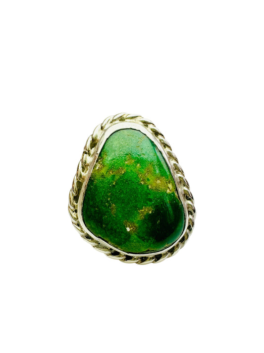 Vintage Sterling Silver Teal Freeform Turquoise Ring with Rope Border