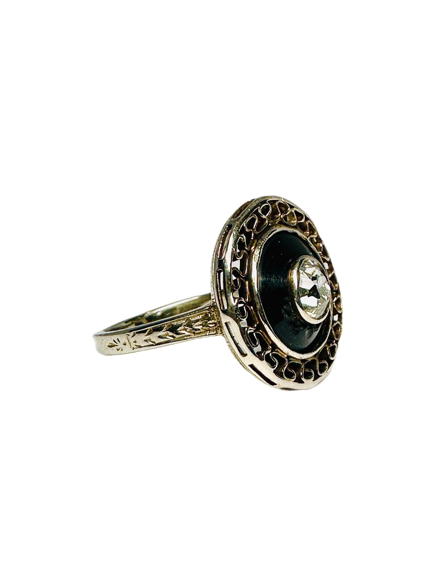 Antique Onyx and Old Mine Cut Diamond Target Ring