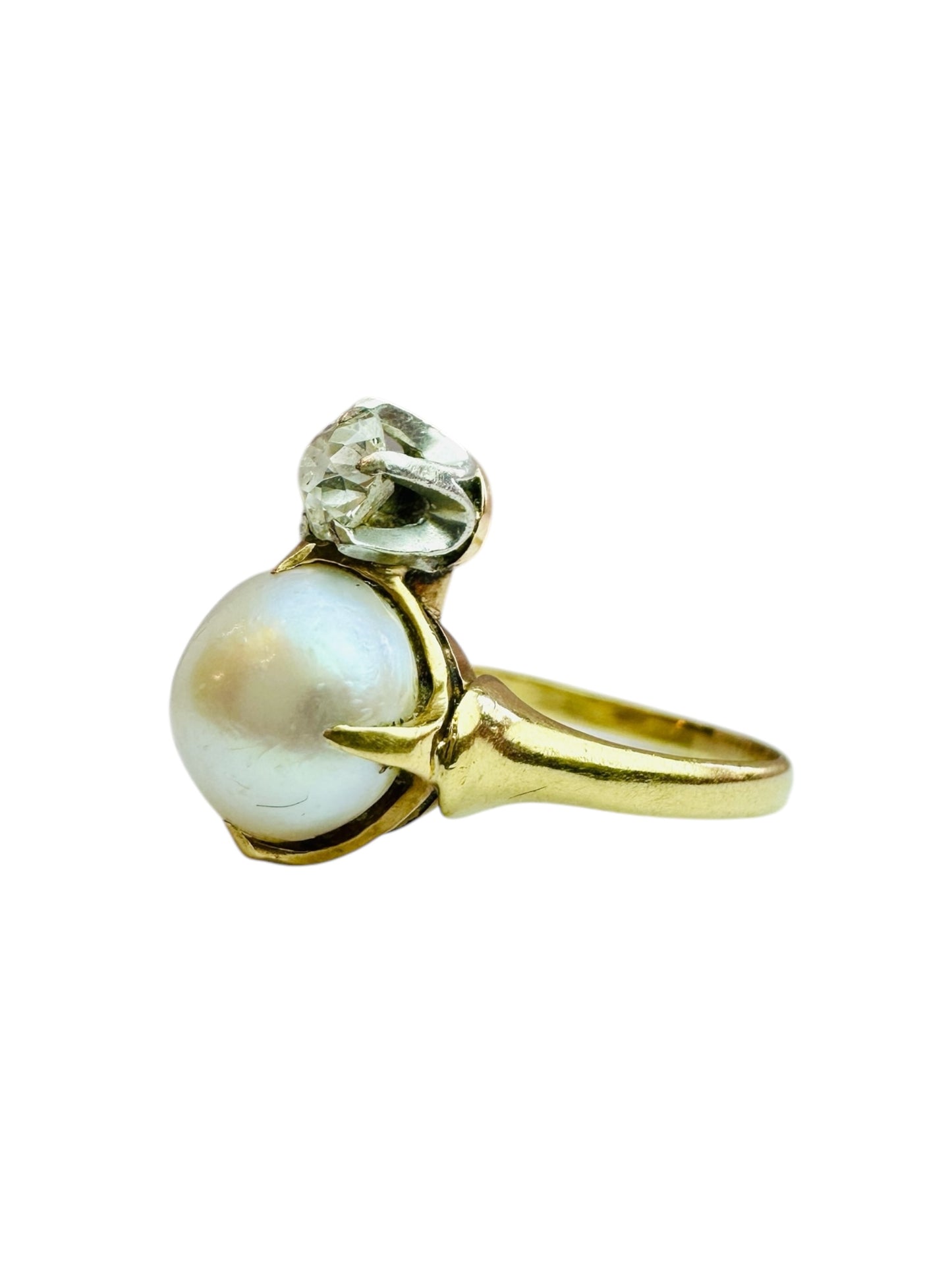 Antique Button Pearl and Old Euro Diamond Tiara Ring