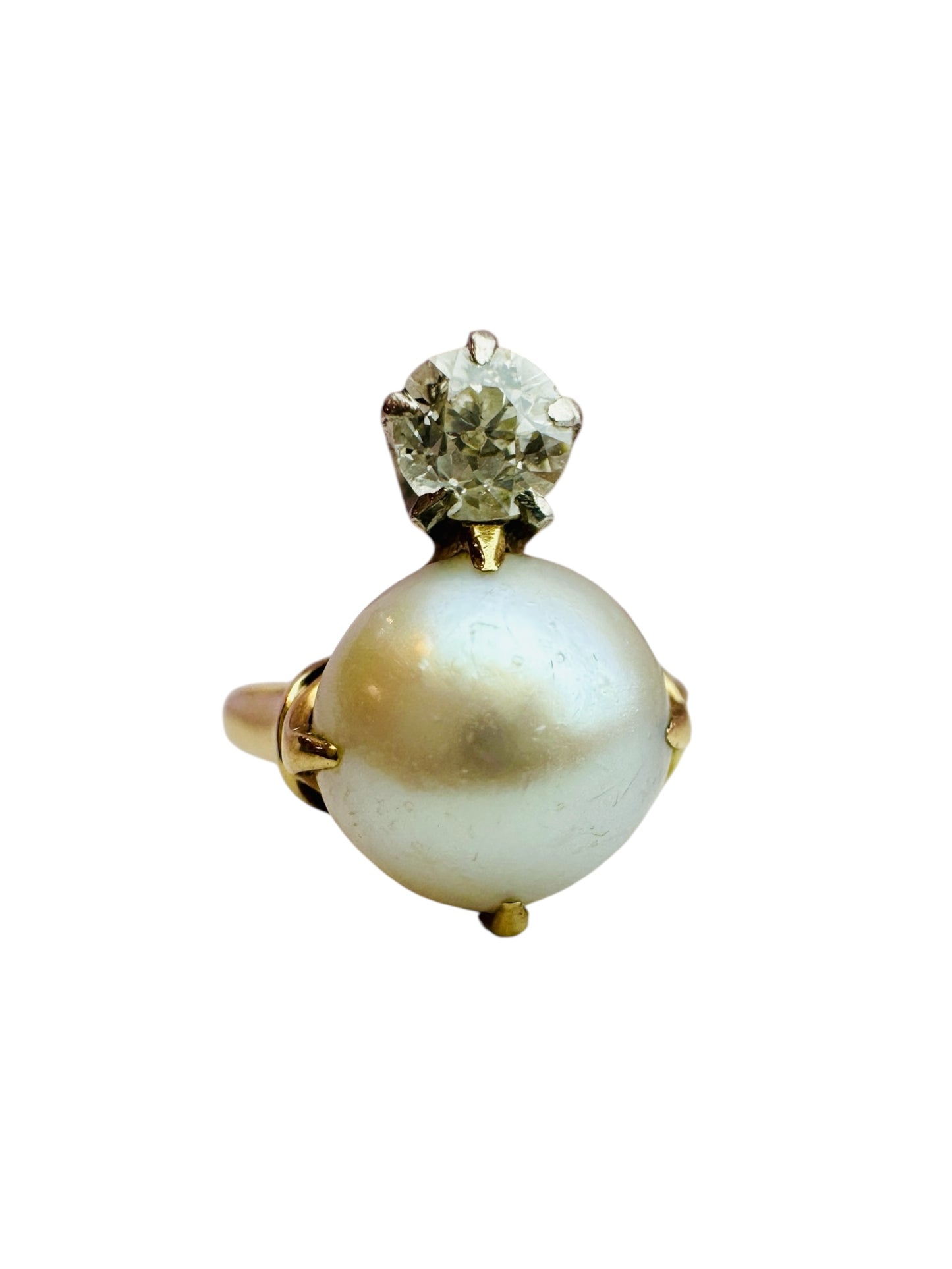 Antique Button Pearl and Old Euro Diamond Tiara Ring