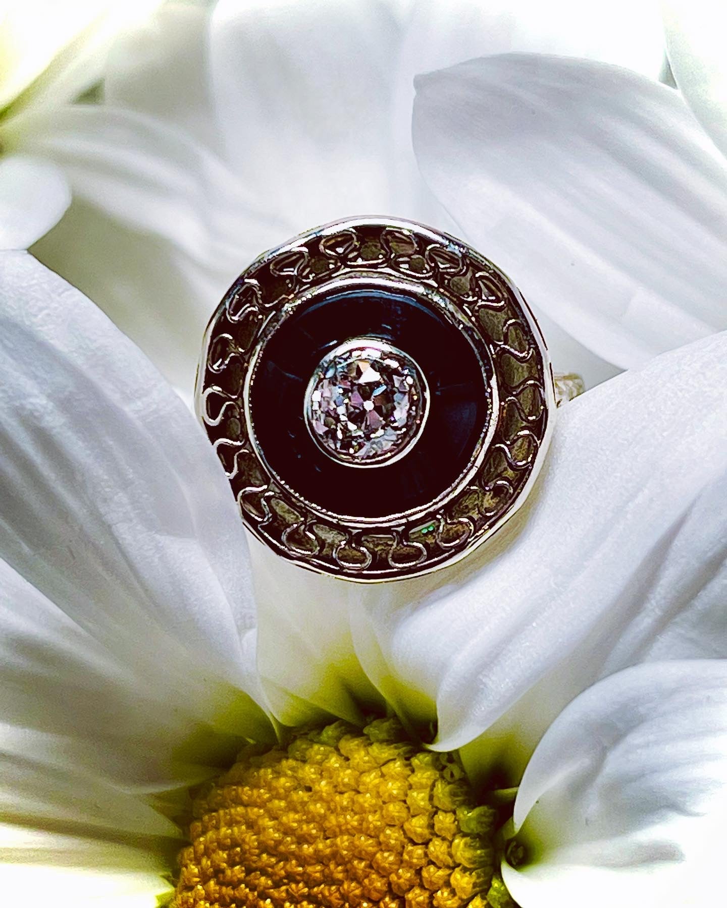 Antique Onyx and Old Mine Cut Diamond Target Ring